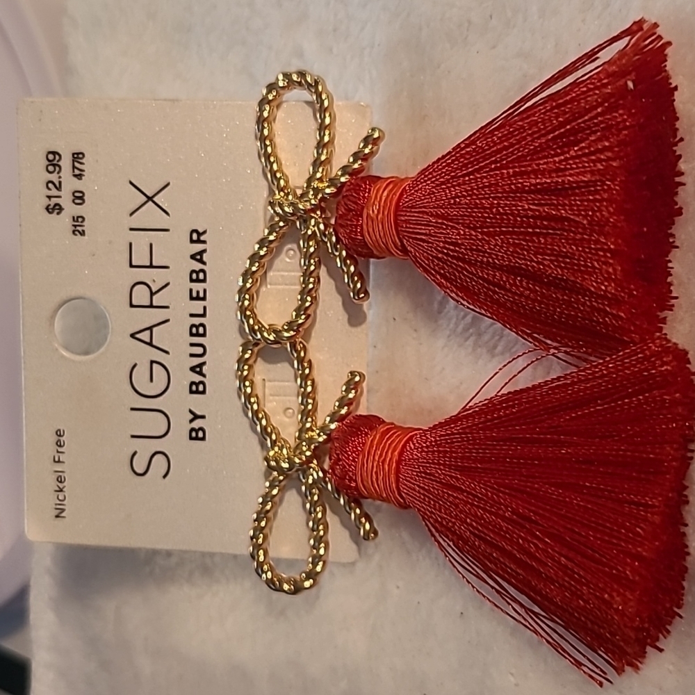 Red and gold bow tassel earrings NWT
